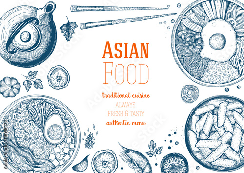 Asian Food Frame. Linear graphic. Vector illustration