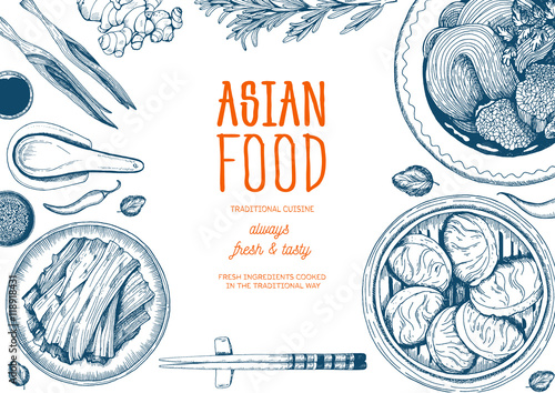 Asian food frame. Linear graphic. Vector illustration