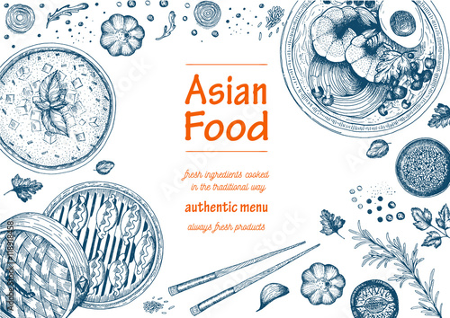 Asian food frame. Linear graphic. Vector illustration