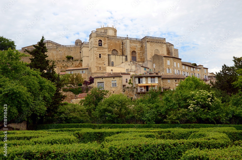 View on Grignan buildings' roofs and Grignan castle, France View on Grignan buildings' roofs and Grignan castle, France