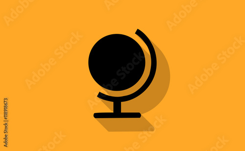 Vector black globe symbol icon with long shadow on flat background