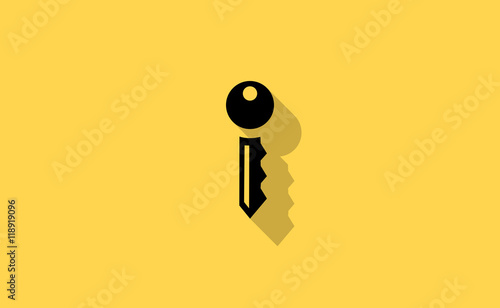 Vector black key icon with long shadow on flat background