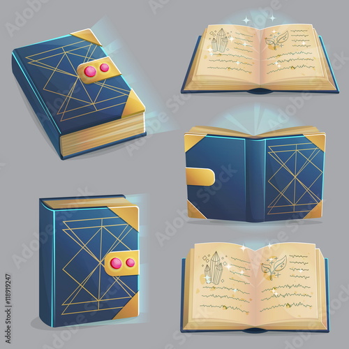 Ancient magic book with alchemy recipes and mystic spells and enchantments, dusty old pages and mysterious cover, different positions, front, back, open, closed. Game, graphic and app design elements.