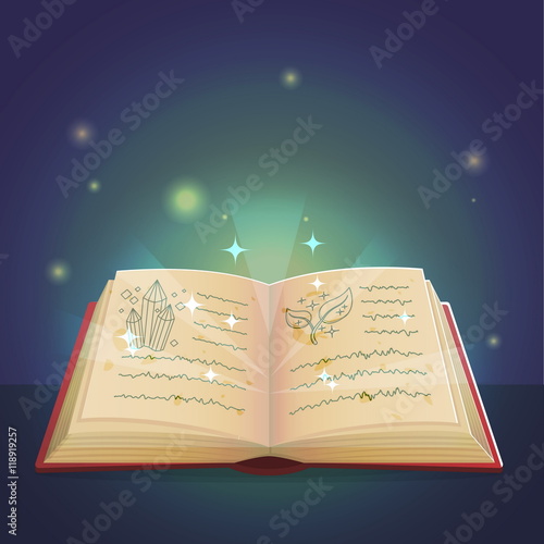 Ancient magic book with alchemy recipes and mystic spells and enchantments, dusty old pages and mysterious cover. Spooky holiday decoration and illustration.