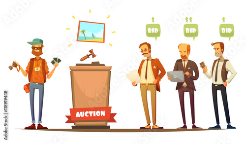 Auction Participants Retro Cartoon Persons Set