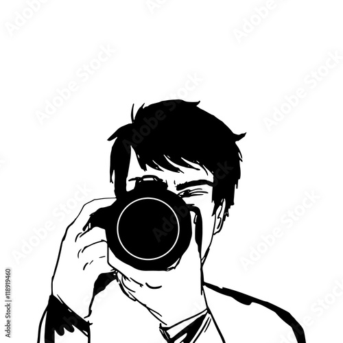 Photographer with camera cartoon icon. Vector illustration on a white  background. Stock Vector | Adobe Stock
