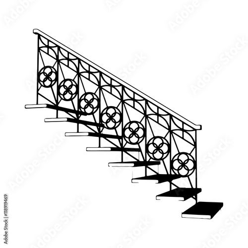 Sketch Stair Sample  with steps for home. Staircase with forged railing isolated 3d.  Ladder side view. Vector illustration on a white background.