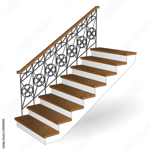 Staircase Icon with wooden steps. Ladder  Sample with forged fence side view isolated. Vector illustration on a white background.