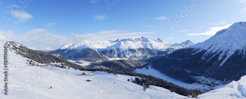 Winter panoramic view with mountains around the valley. Over St. Moritz, Engadin, Switzerland. © thecolorpixels