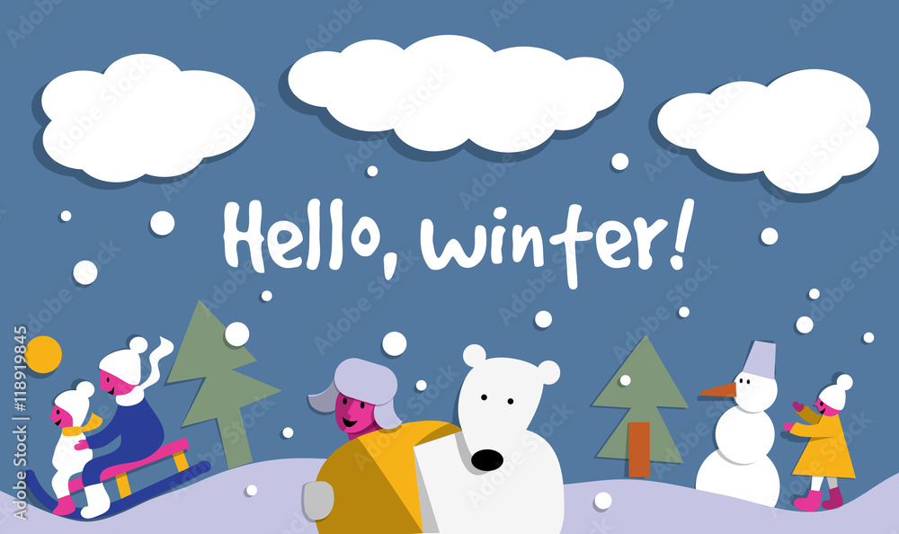 Hello winter snow sign flat card. Hello winter snow sign flat card.