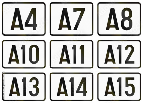 Collection of numbered highway shields used in Belgium