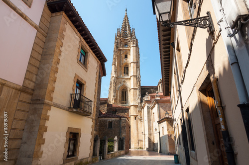 Oviedo old town center and Holy Saviour Cathedral tower