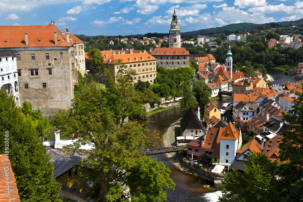 Beautiful view to church and castle in Cesky Krumlov, Czech Republic.