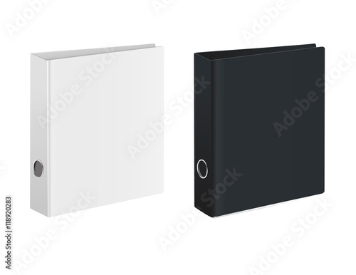 Blank closed office binder. Black and white covers. Isometric view, on white background. Vector illustration.