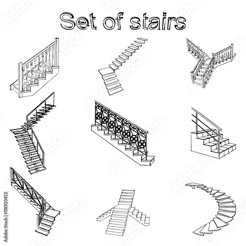 Stairs sketches set 3d isolated. Vector seamless pattern.