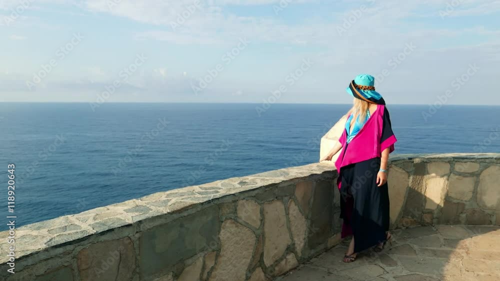 Romantic cute lady happy caucasian female tourist on holiday vacation near the sea Romantic cute lady happy caucasian female tourist on holiday vacation near the sea