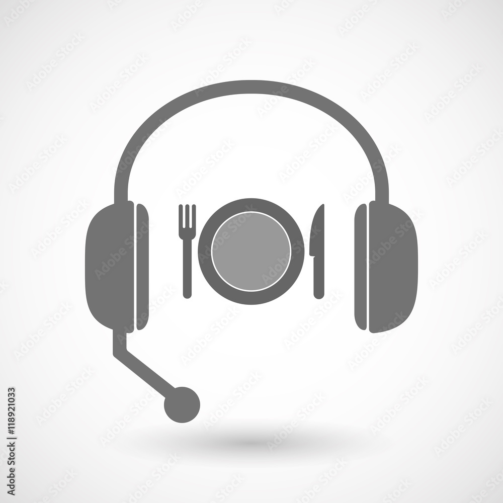Isolated hands free headset icon with a dish, knife and a fork Isolated hands free headset icon with a dish, knife and a fork