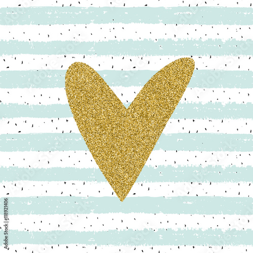 Abstract seamless pattern with hand drawn stripes and gold glitter big heart