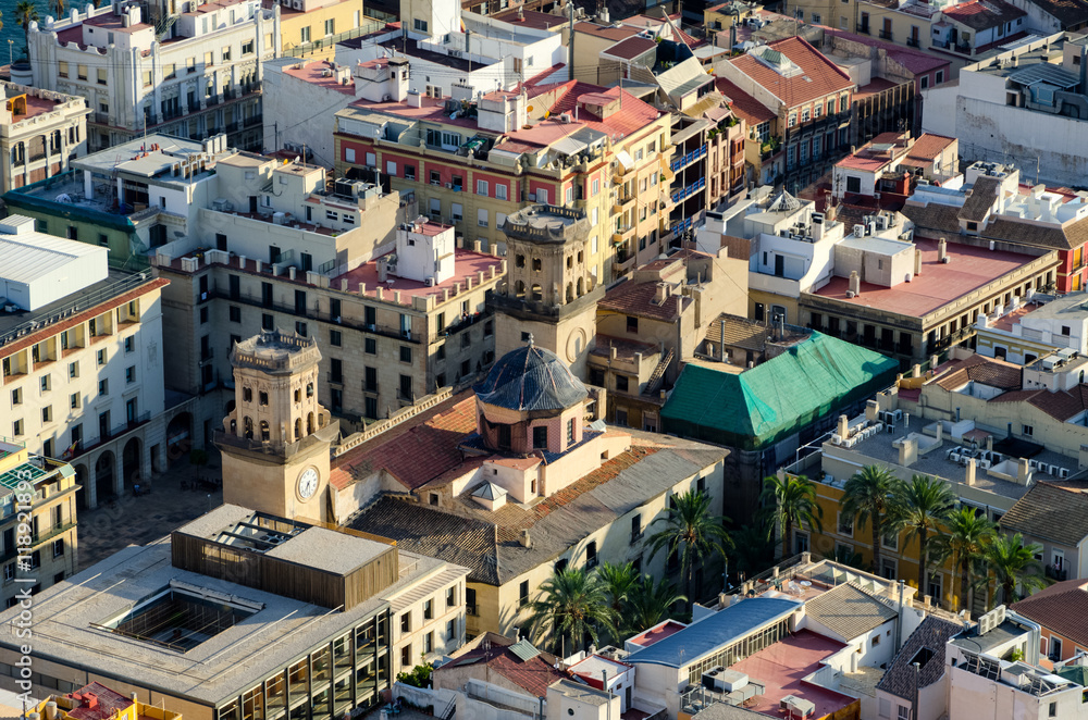 View on the top of Alicante town hall from Santa Barbara castle, Spain
