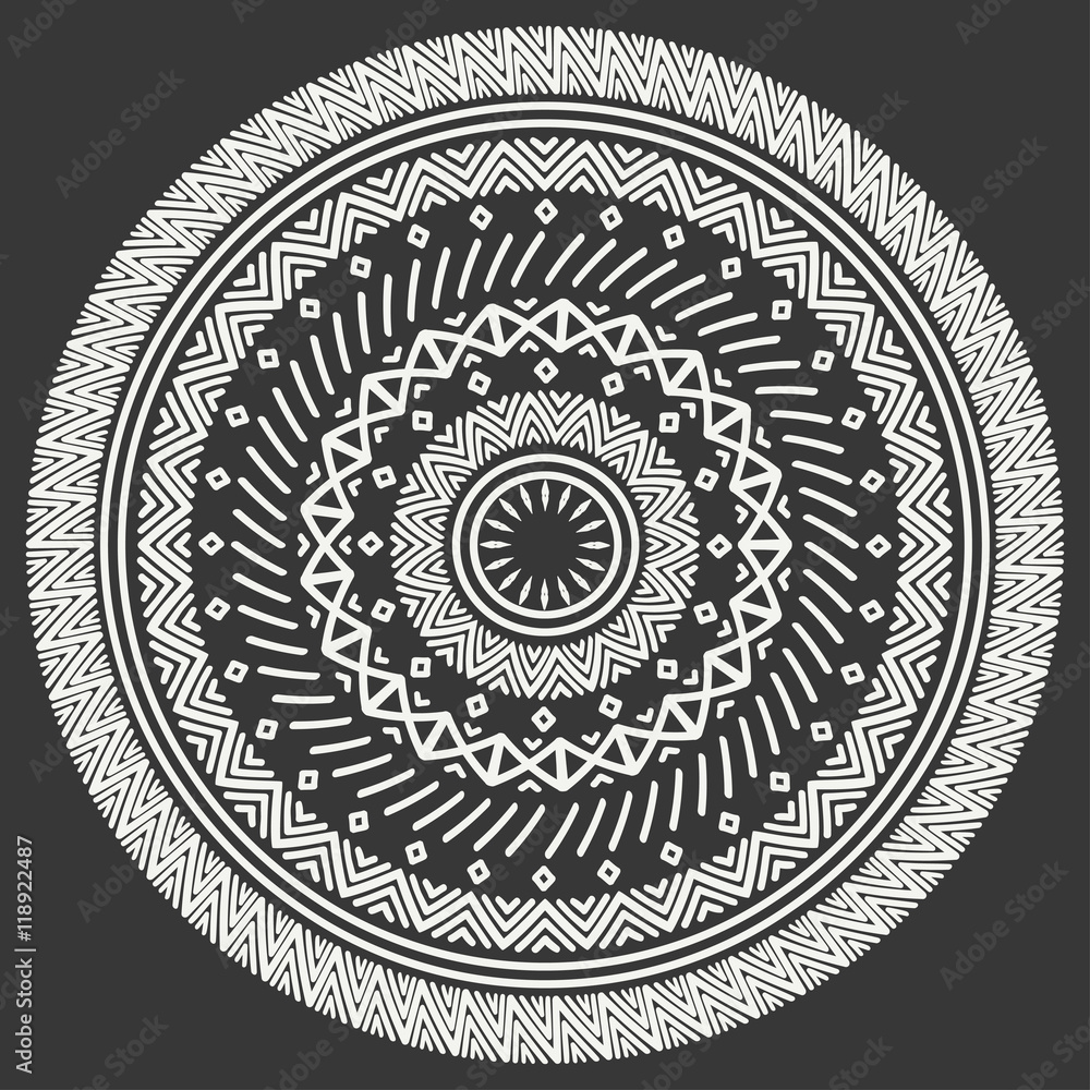 Ethnic mandala. Tribal hand drawn line geometric seamless pattern. Border. Doodles. Native vector illustration. Background. African, mexican, indian, oriental ornament. Henna tattoo style. Circle art