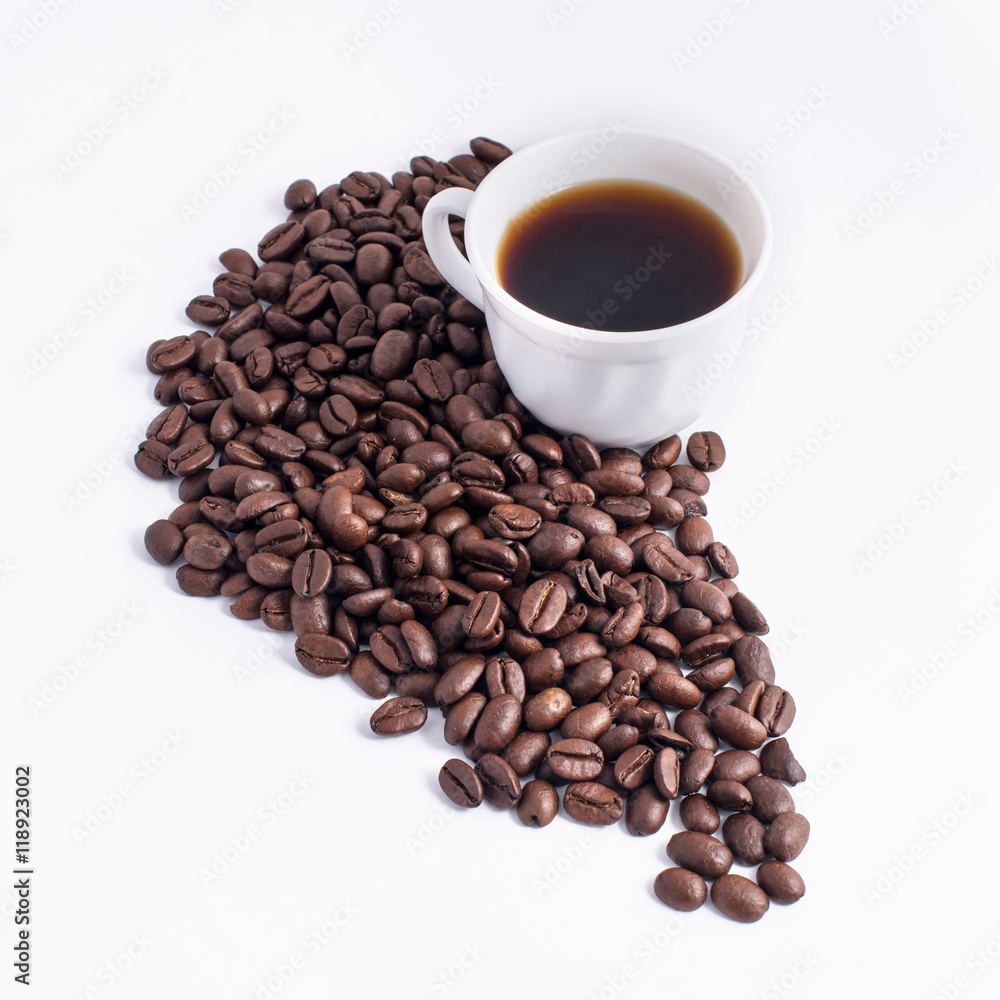 Cup of coffee arranged with fresh roasted coffee beans Cup of coffee arranged with fresh roasted coffee beans