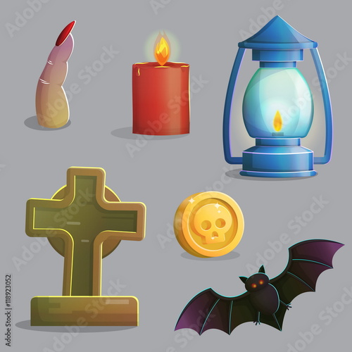 A collection of items spooky graveyard items and design elements for game and app design. Gravestone, ancient lantern, vampire bat, zombie finger and other.