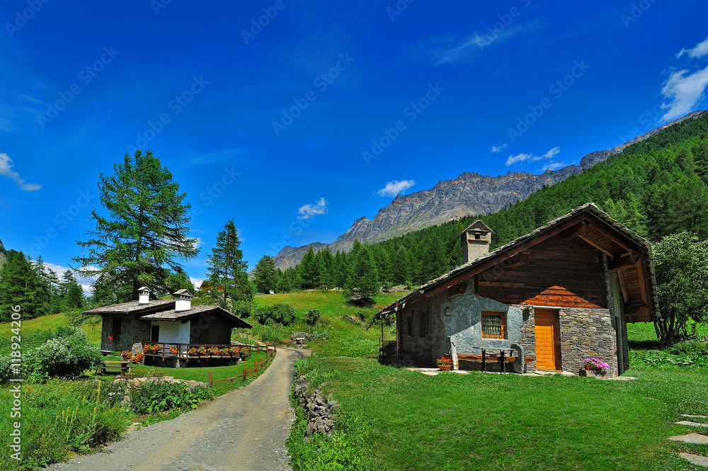 Alpien houses with mountains background Alpien houses with mountains background