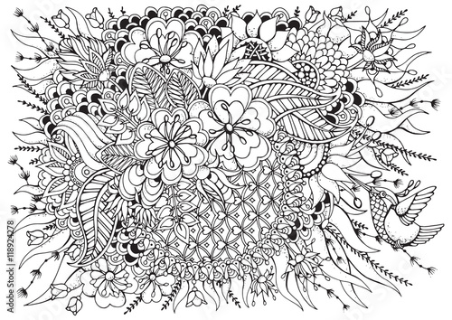 drawn backdrop. Coloring book  page for adult and older children. Black and white abstract floral pattern with bird hummingbird. 