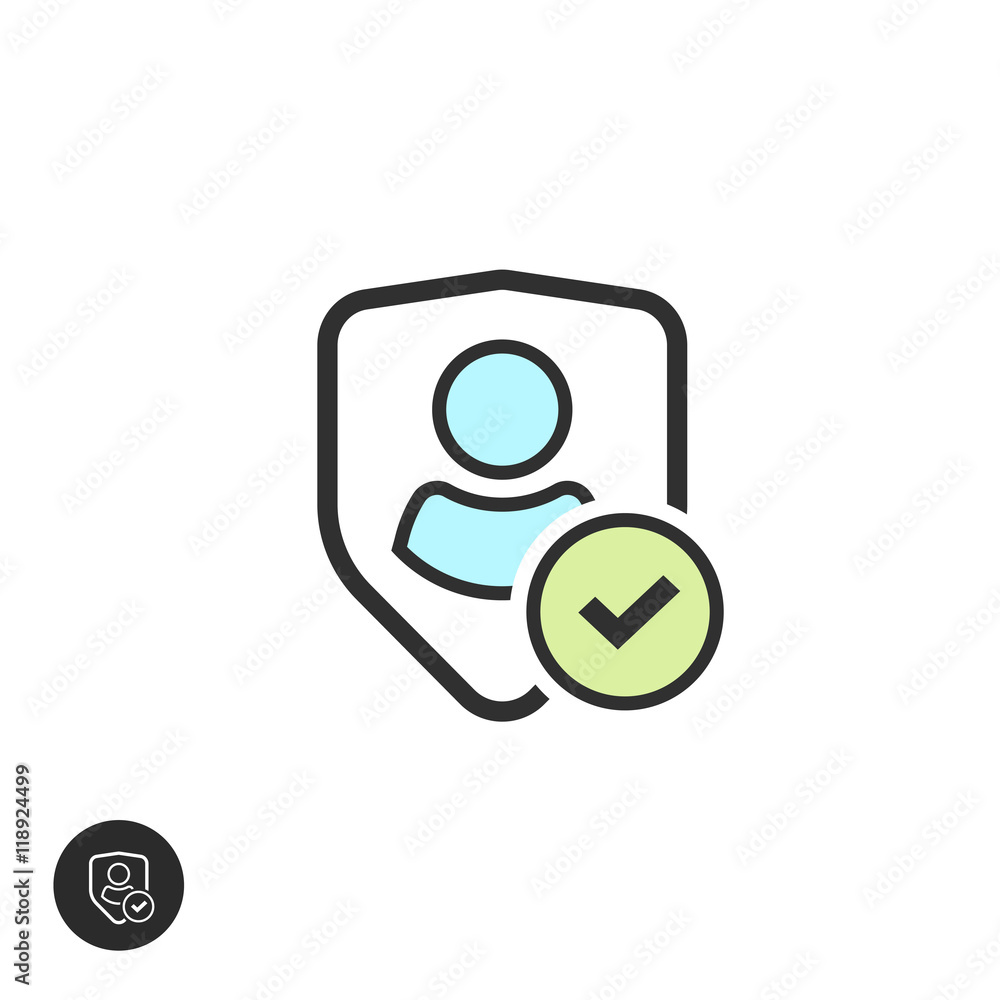 User authentication pictogram vector sign line outline style, privacy emblem, flat shield with person symbol, personal protection security icon, secure confidentiality label isolated on white User authentication pictogram vector sign line outline style, privacy emblem, flat shield with person symbol, personal protection security icon, secure confidentiality label isolated on white