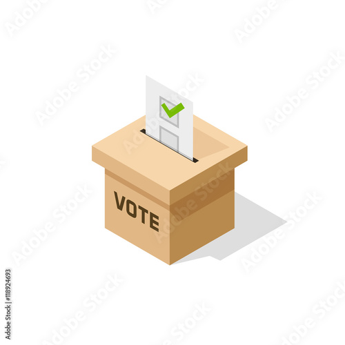 Voting box isometric vector, flat isometric ballot box with paper sheet and voting result inside