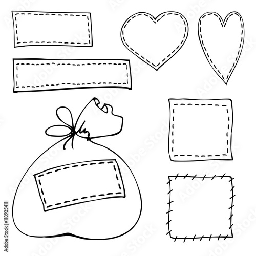 Vector Illustration of stitched ribbon patches. Hand-drawn doodle elements, frames.