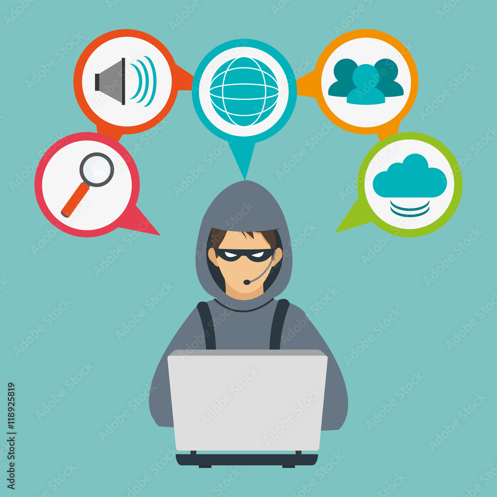 hacker laptop cloud lupe global cyber security system technology icon. Colorful and flat design. Vector illustration hacker laptop cloud lupe global cyber security system technology icon. Colorful and flat design. Vector illustration