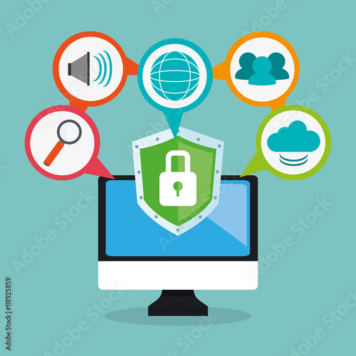 computer padlock cloud lupe cyber security system technology icon. Colorful and flat design. Vector illustration