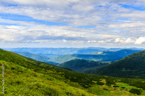 Picturesque Carpathian mountains landscape, view from the height, Ukraine.