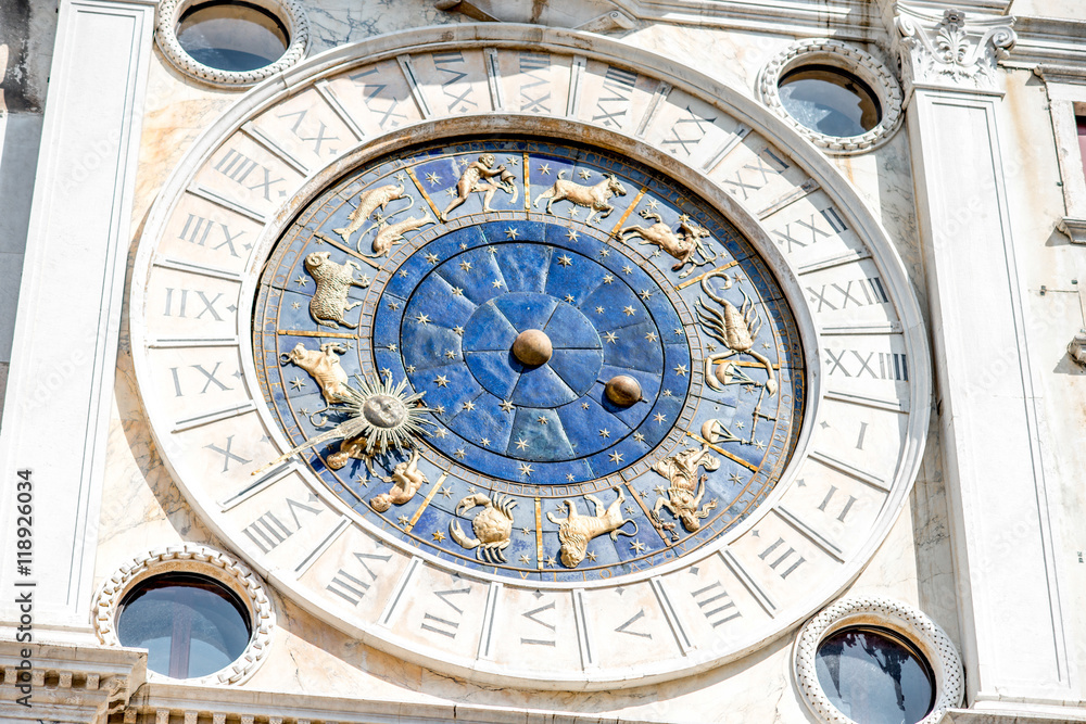 Close-up view on Saint Mark's clock on the central square in Venice