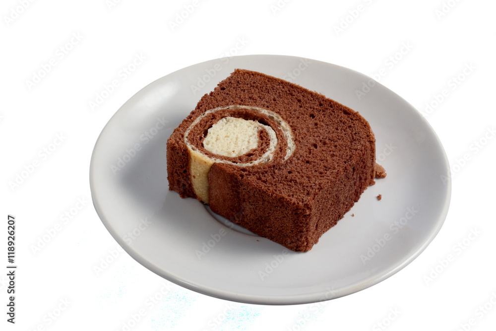 belgium chocolate cake loaf focus on slice on wood with sackclot