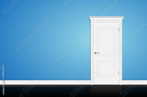 Closed white door on blue wall. Vector