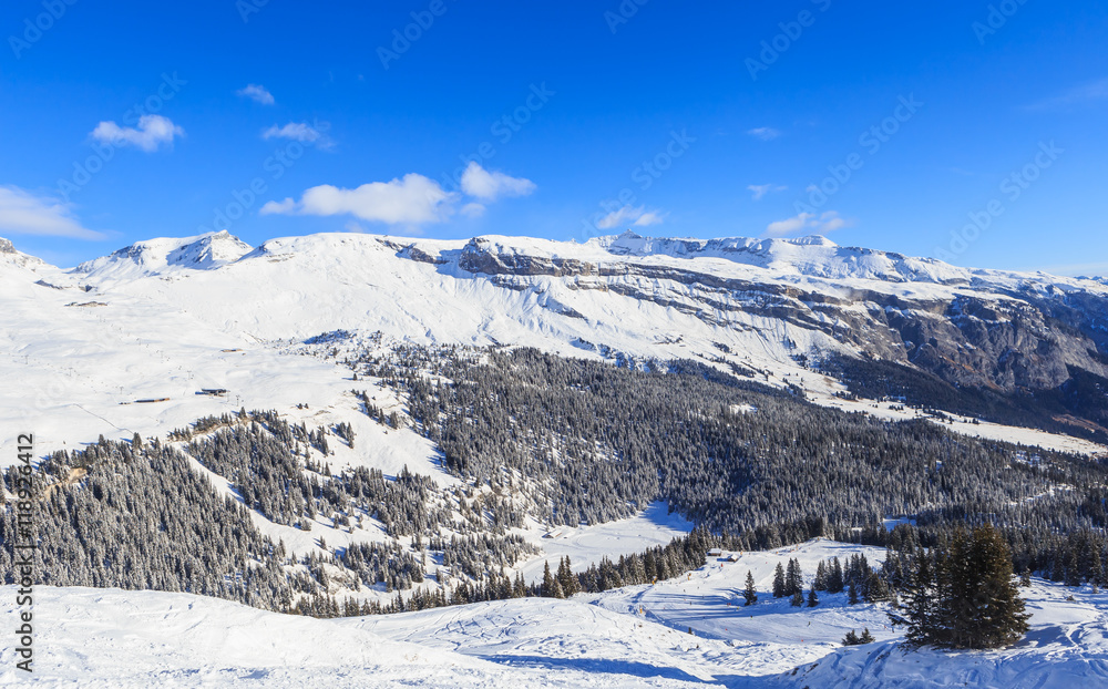 Mountains with snow in winter.  Ski Resort Laax. Switzerland