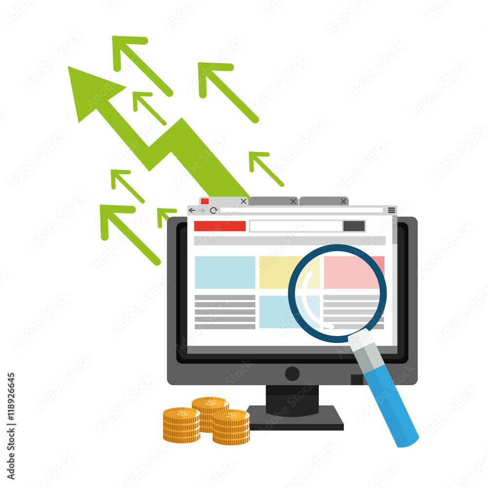 computer lupe coins ecommerce shopping online technology icon. Colorful and Flat design. Vector illustration computer lupe coins ecommerce shopping online technology icon. Colorful and Flat design. Vector illustration