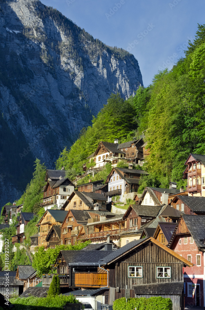 Traditional houses of Alpine Hallstatt town. Salzkammergut, Austria