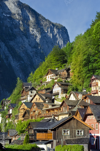 Traditional houses of Alpine Hallstatt town. Salzkammergut, Austria