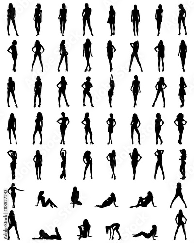 Black silhouettes of beautiful girls in various poses, vector