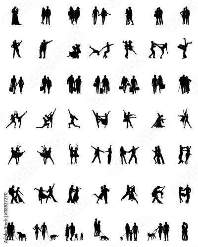 Black silhouettes of couples in various activities, vector