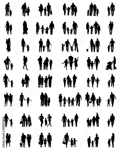 Silhouettes of families at walking, vector
