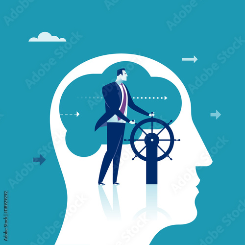 Leader. Standing businessman holding the helm of the ship. Business concept illustration
