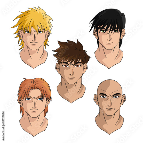 men man boy young heads anime manga comic cartoon fight game icon. Colorful and isolated design. Vector illustration