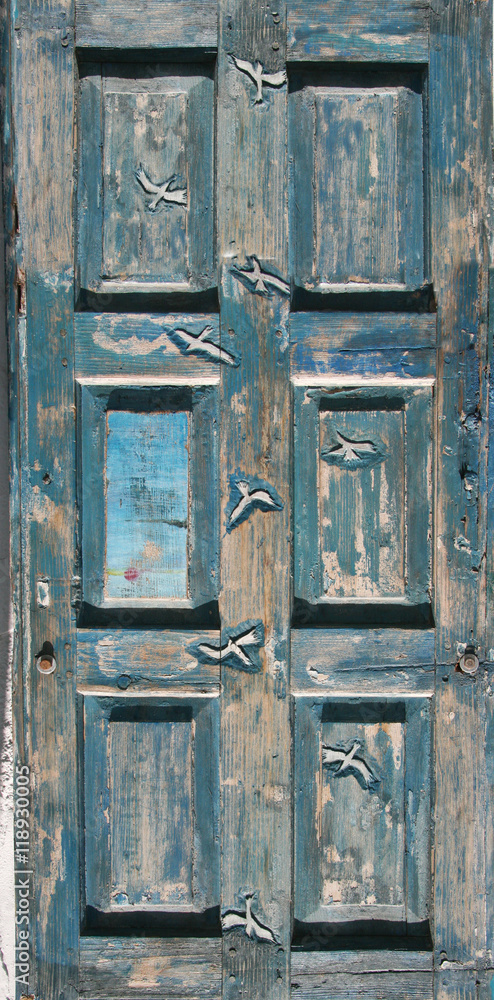 Blue old door carved with seagulls