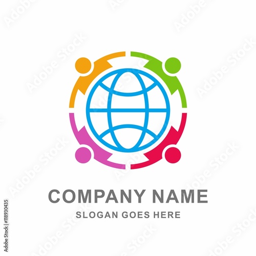 Colorful Team Group People Holding Hands Global World Vector Logo Design Template