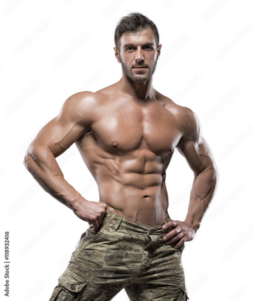 Muscular bodybuilder guy isolated over white background Muscular bodybuilder guy isolated over white background