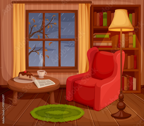 Vector illustration of a cozy autumn living room with armchair, bookcase, lamp and rain outside the window.